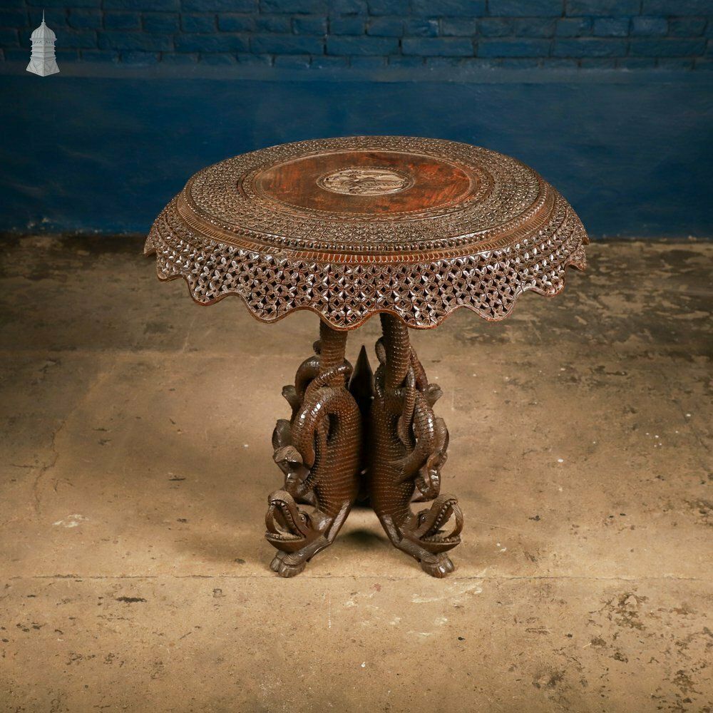 Carved Burmese Side Table, Serpent Base With Pierced Floral Circular Top photo Furniture