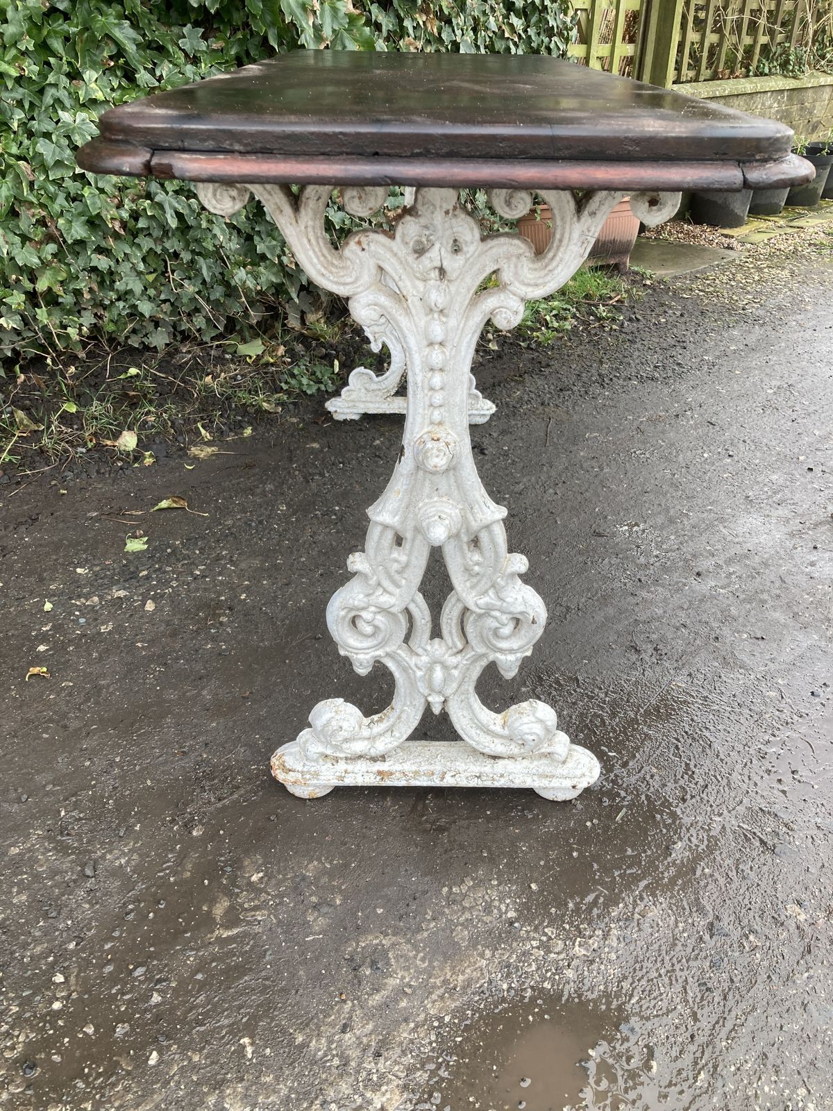 Victorian White Cast Iron Base, Mahogany Top Garden Table photo Garden Furniture