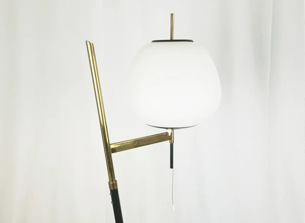 Black Metal, Brass & White Glass Floor Lamp Attrib. To Stilnovo, 1950s photo for sale