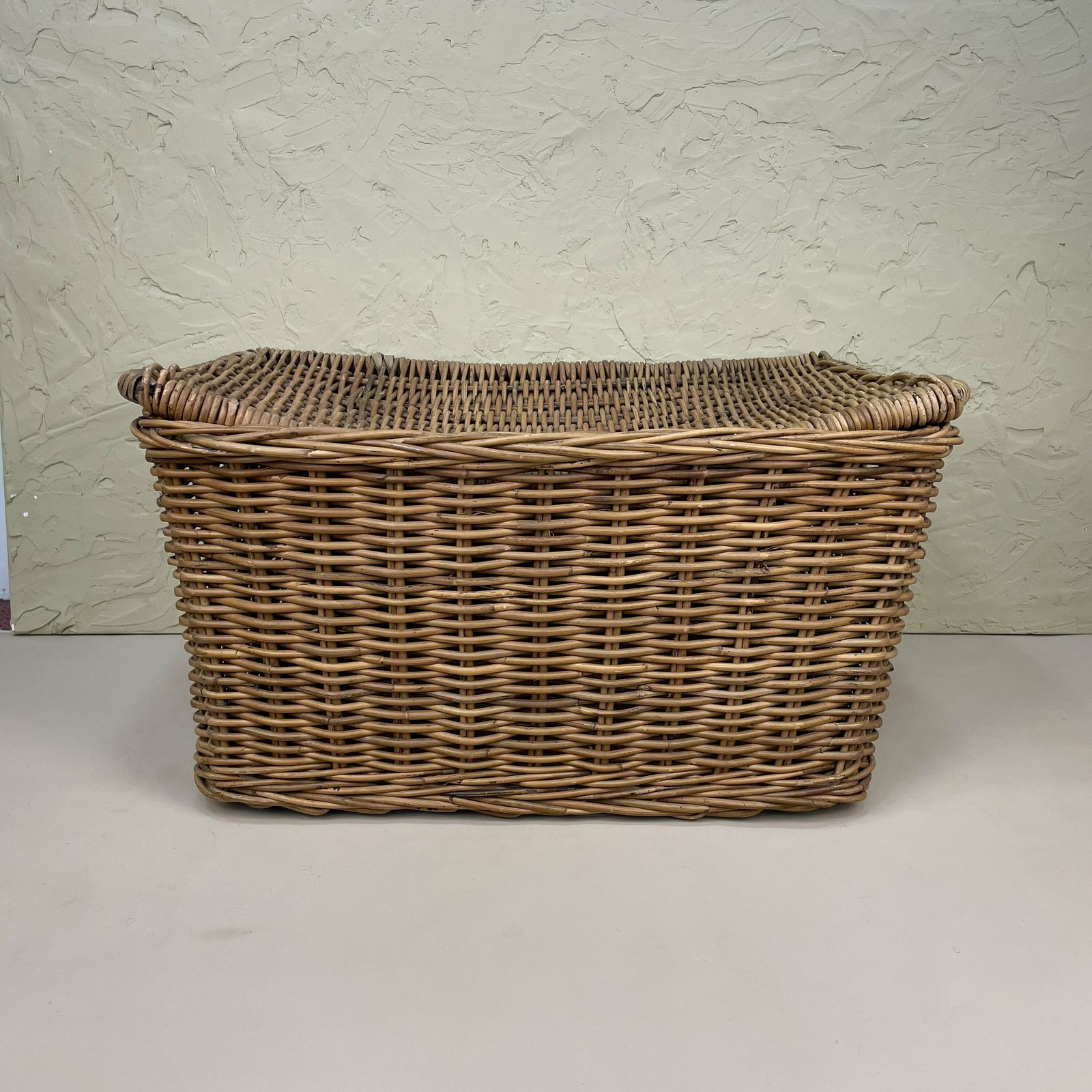 Large Rectangle Basket Woven Wicker Brown Antique Storage Lidded Leather Lid Log Toys Tidy Handles Vintage Rectangle Sturdy photo furniture