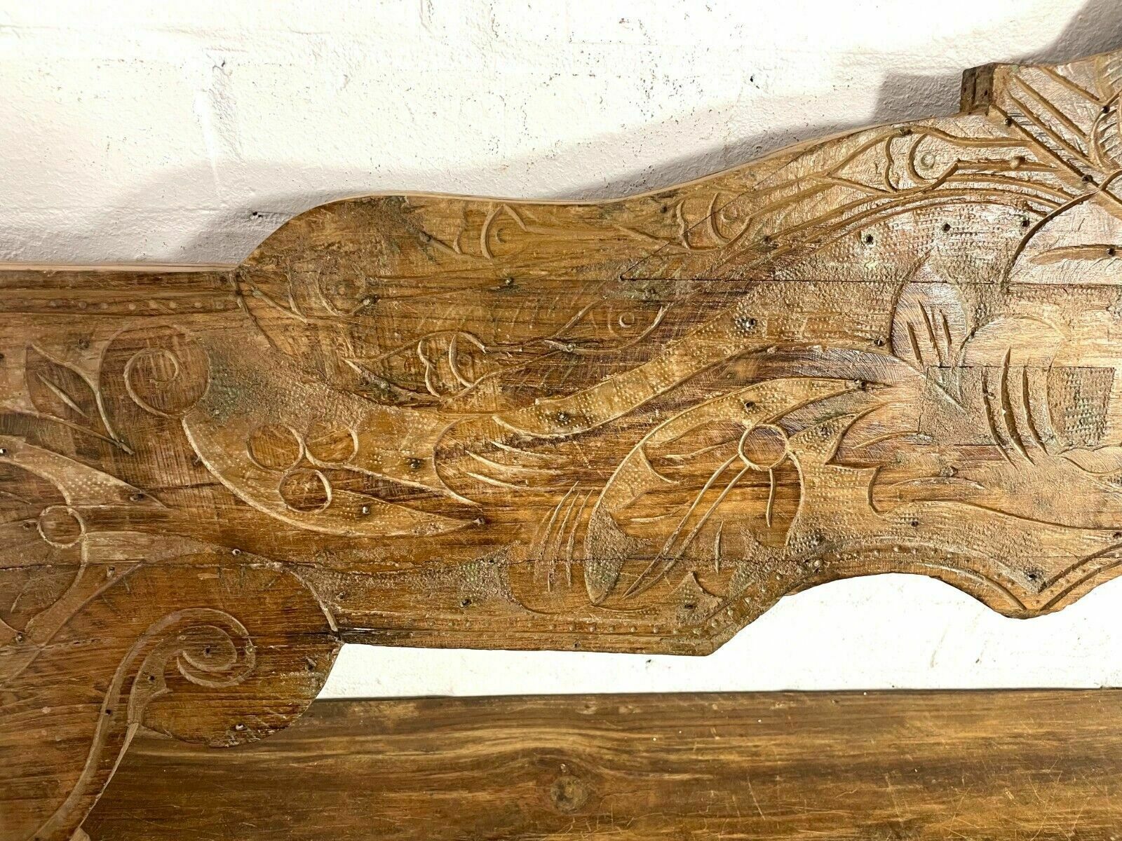 Vintage Antique Indian Hand Carved Solid Wood Floral Sign Plaque Bed Head Board photo Furniture
