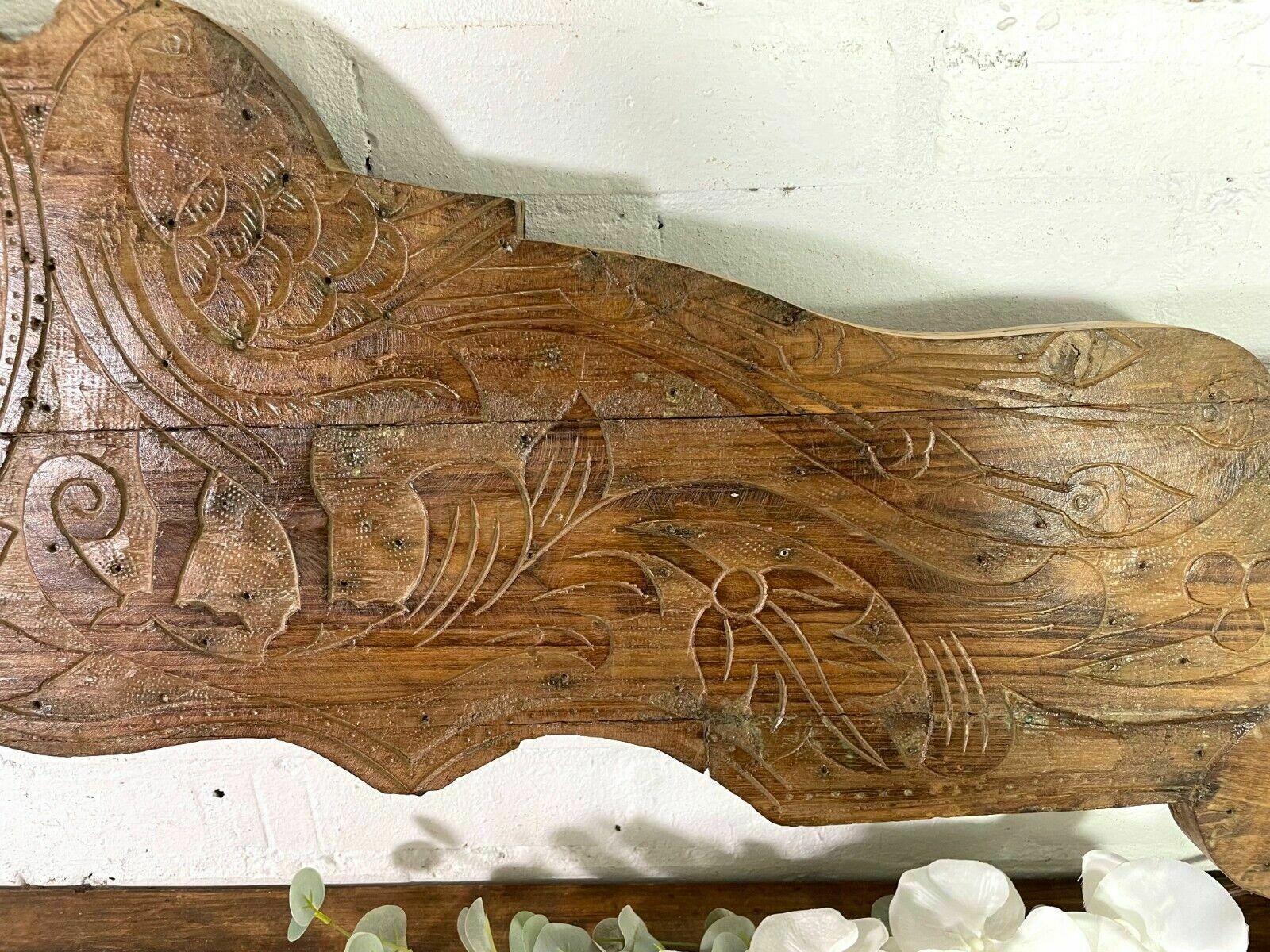 Vintage Antique Indian Hand Carved Solid Wood Floral Sign Plaque Bed Head Board photo 175.0