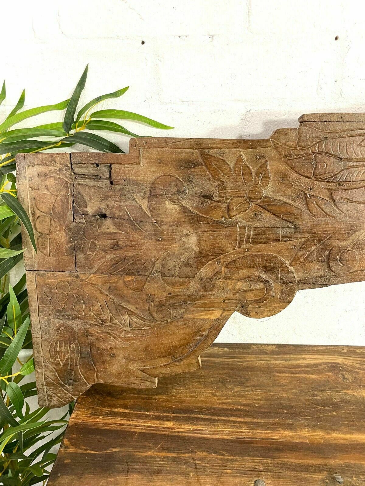 Vintage Antique Indian Hand Carved Solid Wood Floral Sign Plaque Bed Head Board photo vinterior