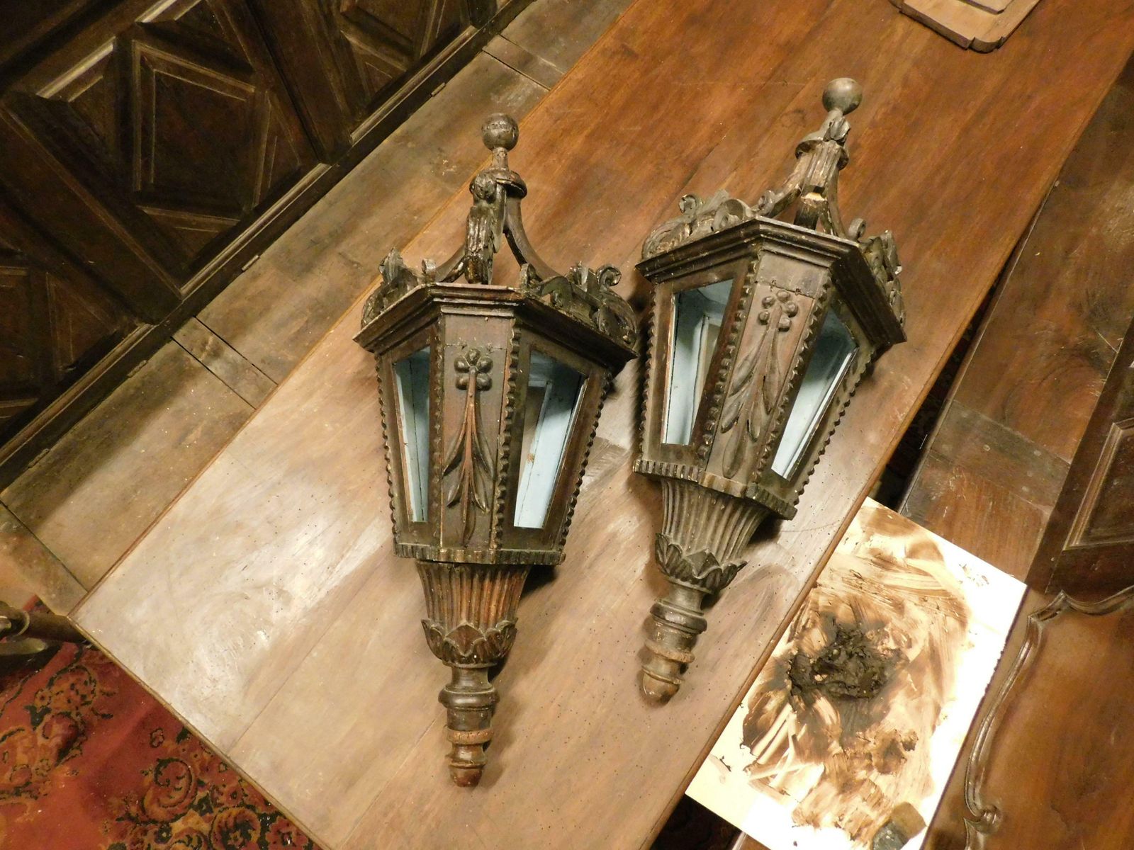 Pair Of Old Big Street Lamps, Procession Lamps In Lacquered Wood, Italy photo Lighting