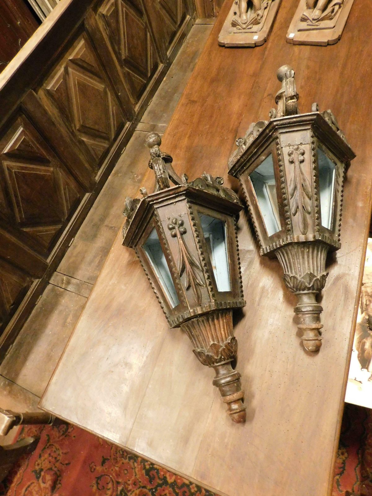 Pair Of Old Big Street Lamps, Procession Lamps In Lacquered Wood, Italy photo 2437.0