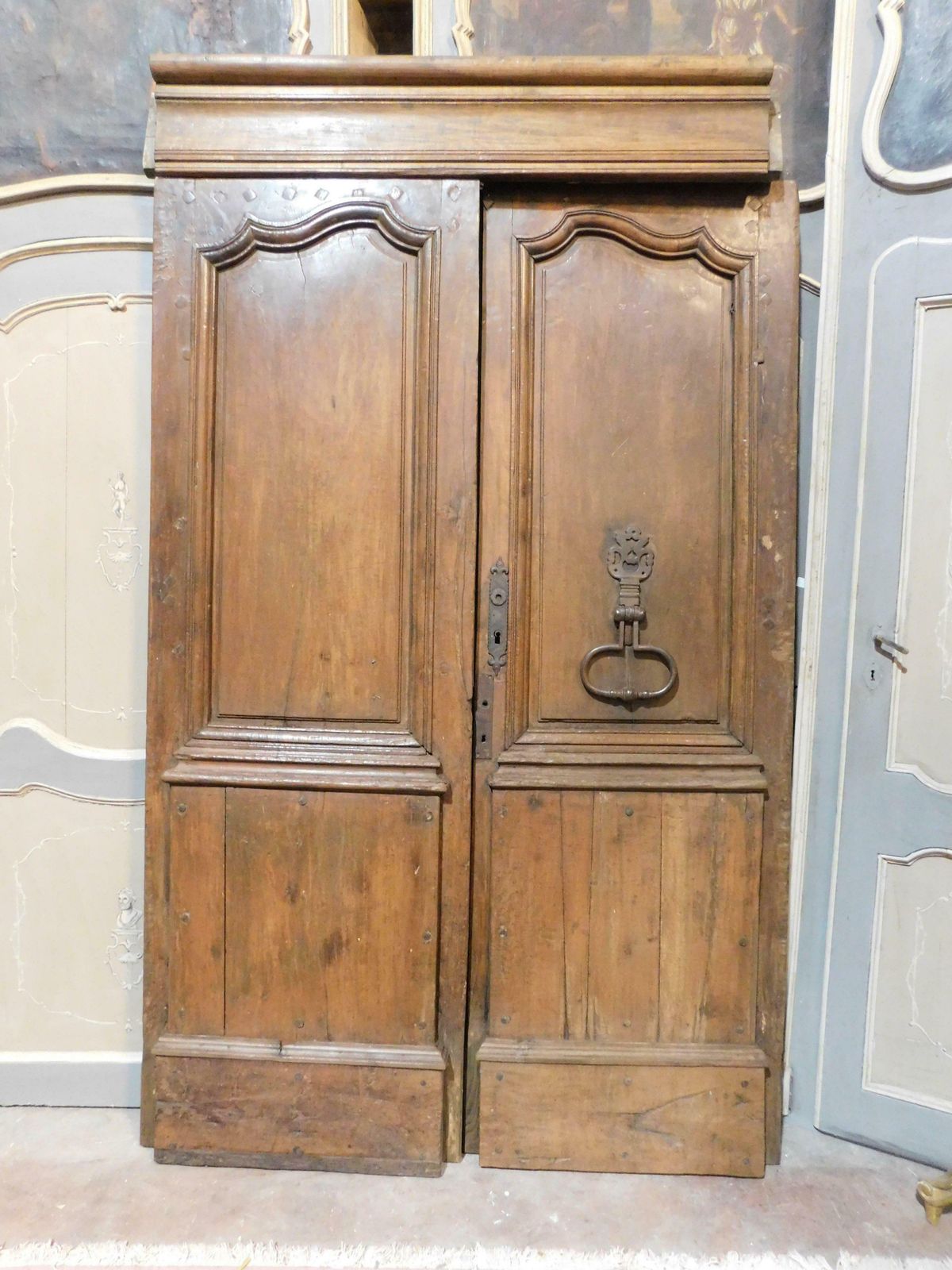 Double Wing Entrance Main Old Door, Carved In Walnut Wood With Beam, Italy photo for sale