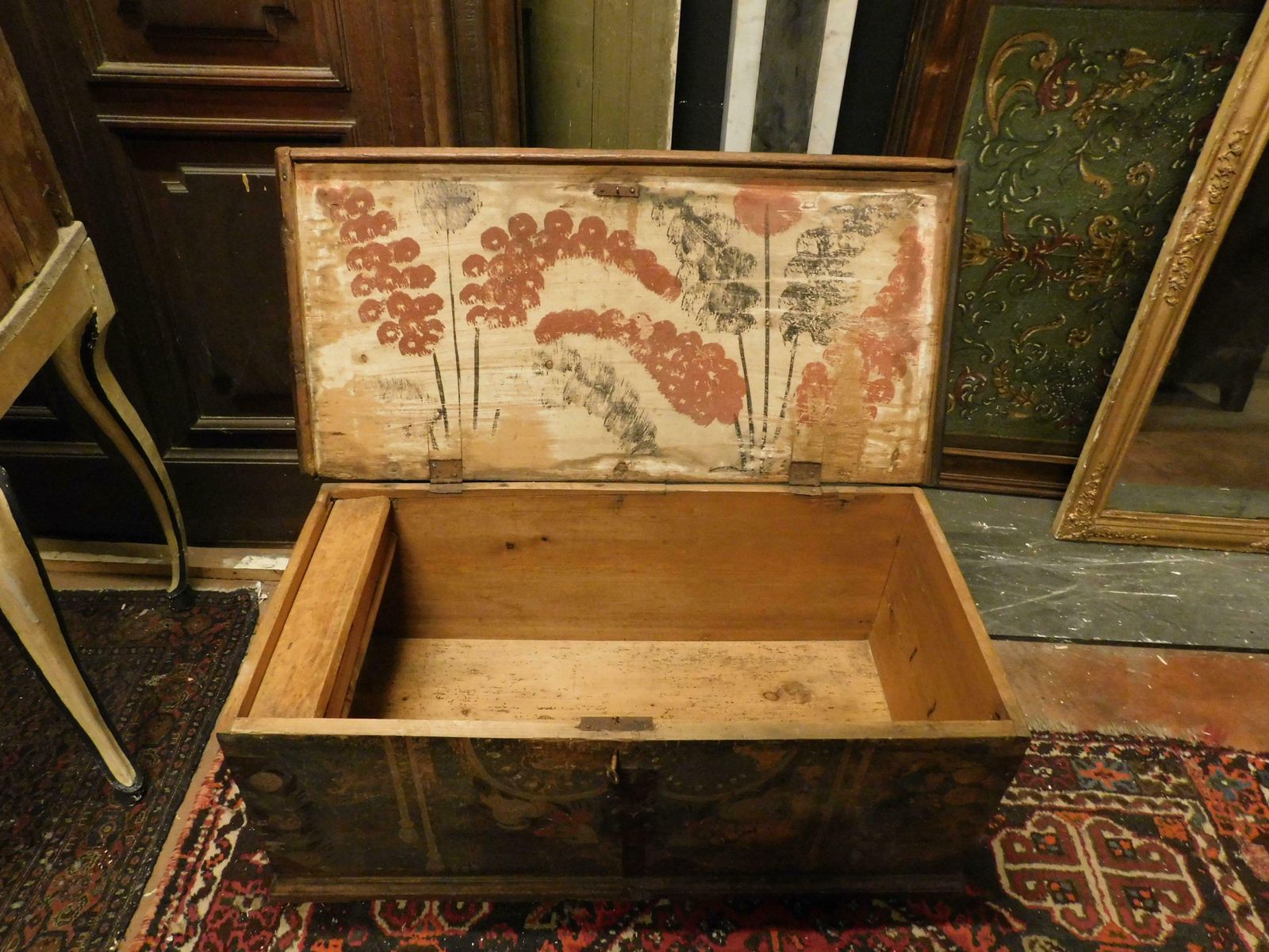 Old Opening Chest, Lacquered And Painted On Larch Wood, Italy photo vintage