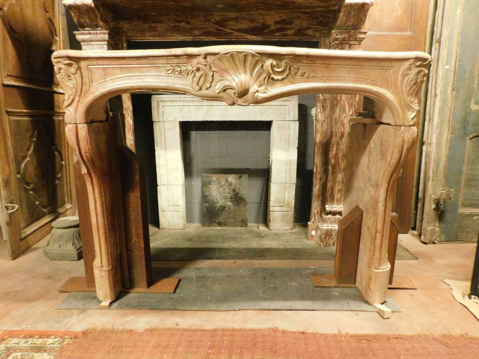 French Fireplace Mantle In "Rosso Verona" Marble, Carved With Shell photo furniture