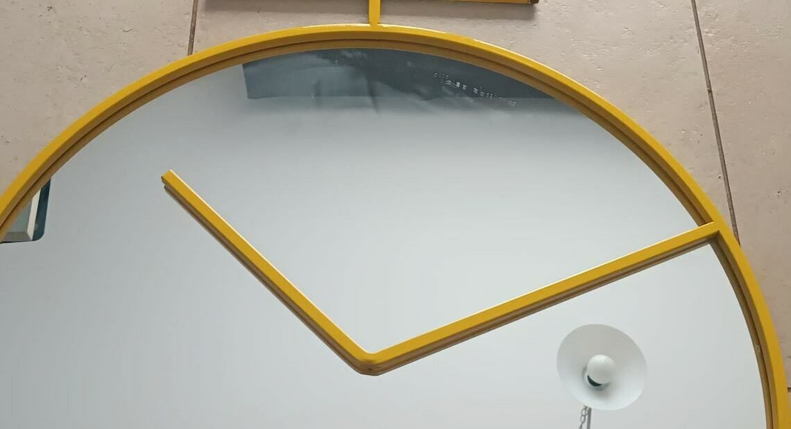 Large Mirror In The Shape Of An Alarm Clock, Yellow Metal Frame For The Wall, Pop Art Design, Memphis Style photo Home Decor