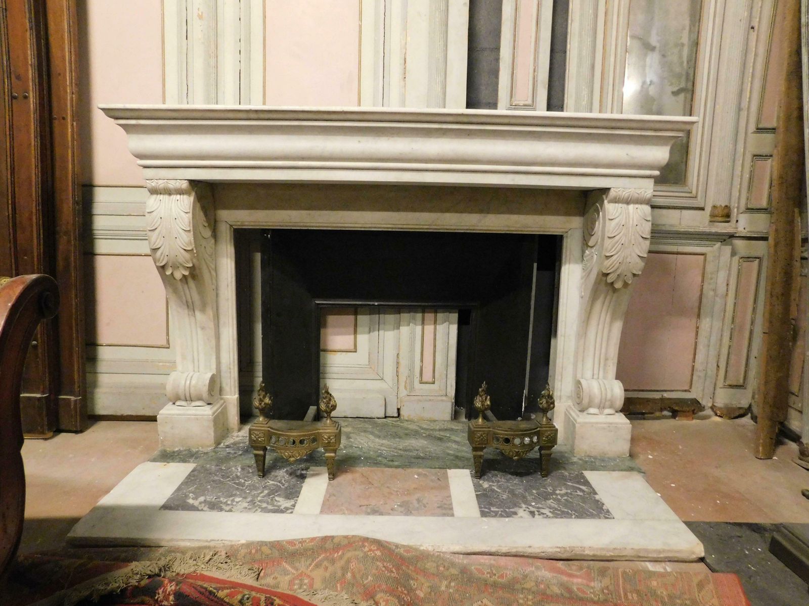 Old White Carrara Marble Mantle Fireplace With Sculpted Legs, France photo vinterior
