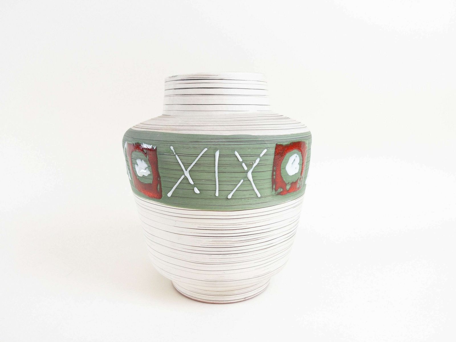 West German Pottery Vase   Carstens Tönnieshof Ceramic Vase   Cream, Brown, Red And Green Vase