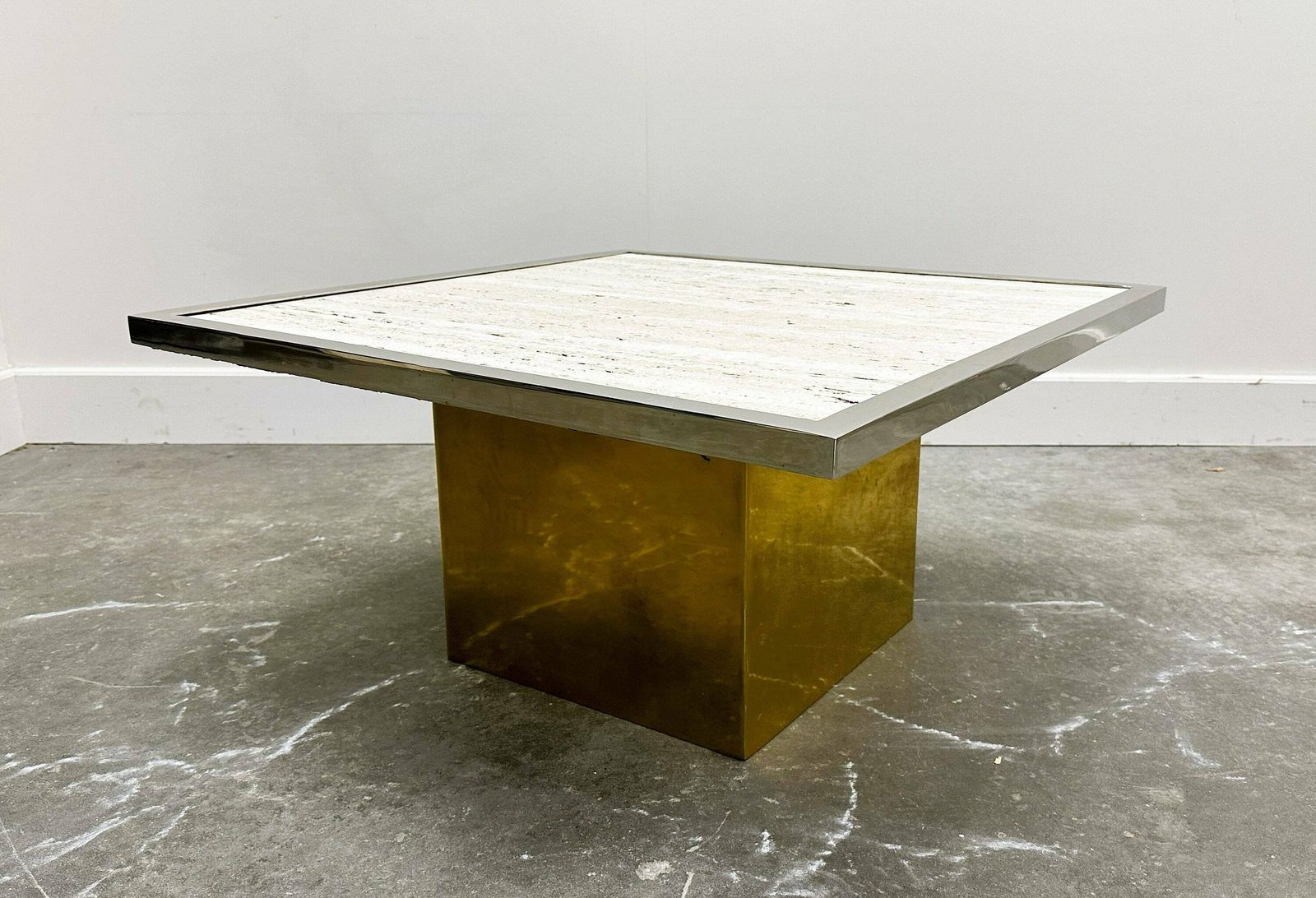 Brute Travertin Coffee Table With Brass Base And Chrome Edges, France 1970s.