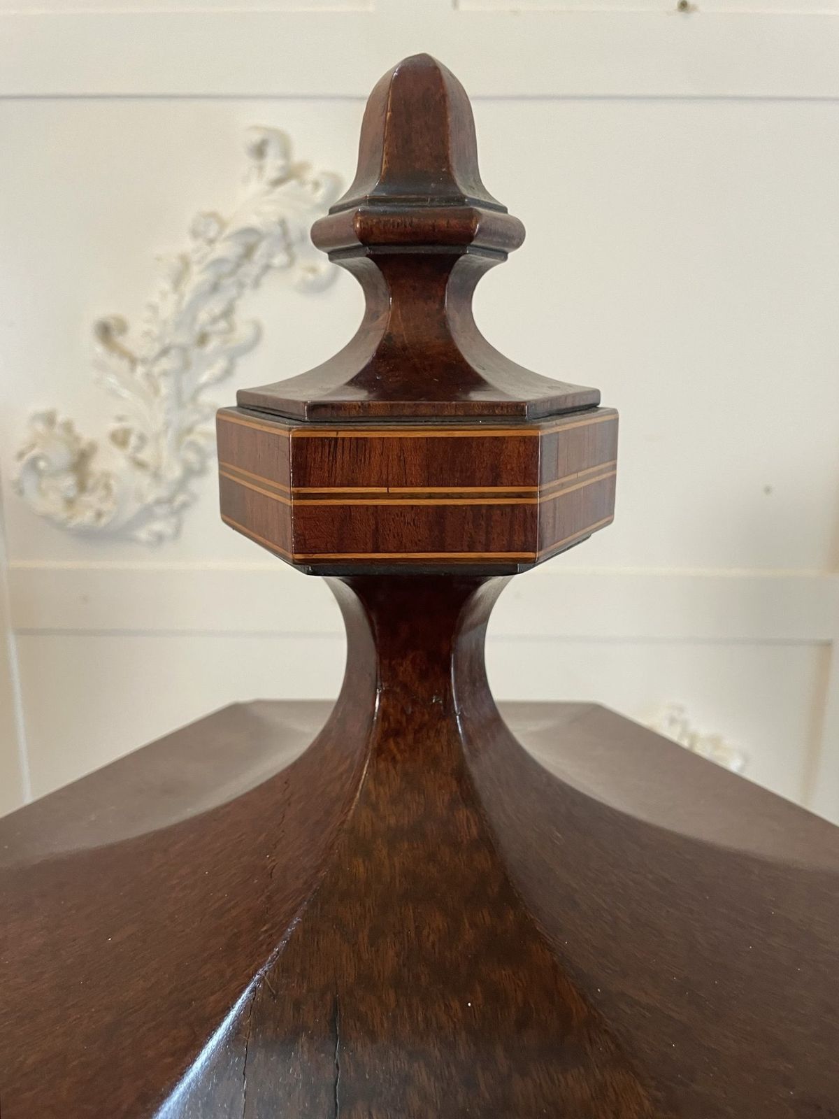 photo for sale Rare Pair Of Antique Outstanding Quality Mahogany Inlaid Wine Urns On Original Pedestal Cupboards