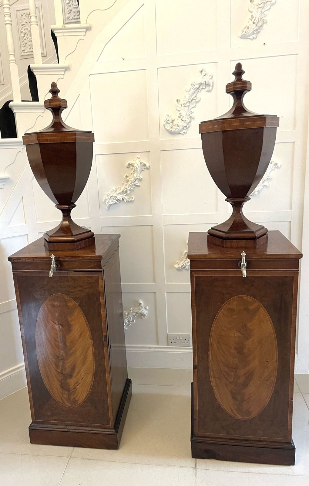 Rare Pair Of Antique Outstanding Quality Mahogany Inlaid Wine Urns On Original Pedestal Cupboards