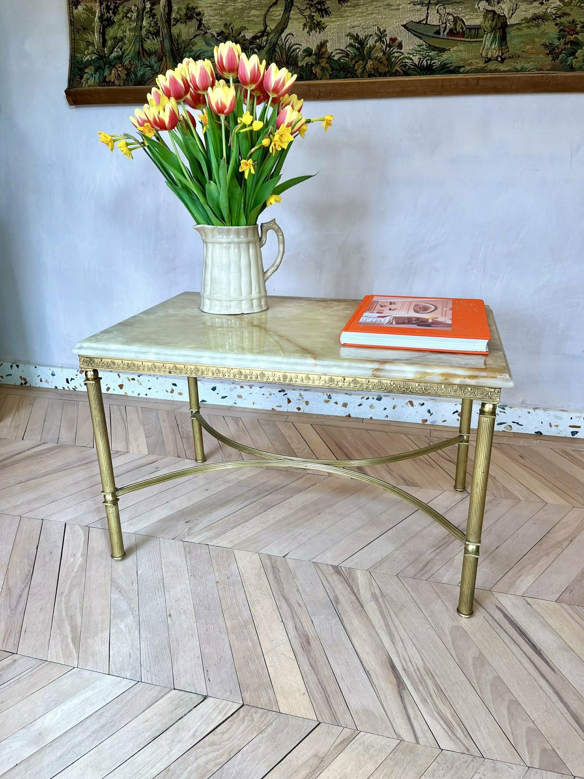 Hollywood Regency Style Italian 1960's Onyx And Brass Coffee Table photo for sale
