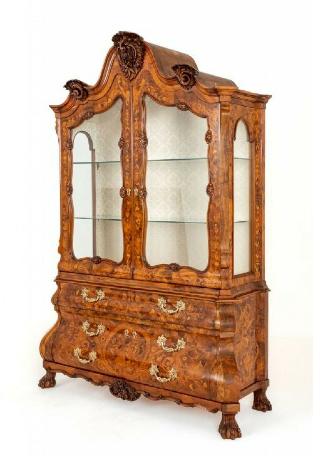 Dutch Marquetry Bookcase Cabinet Bombe Inlay