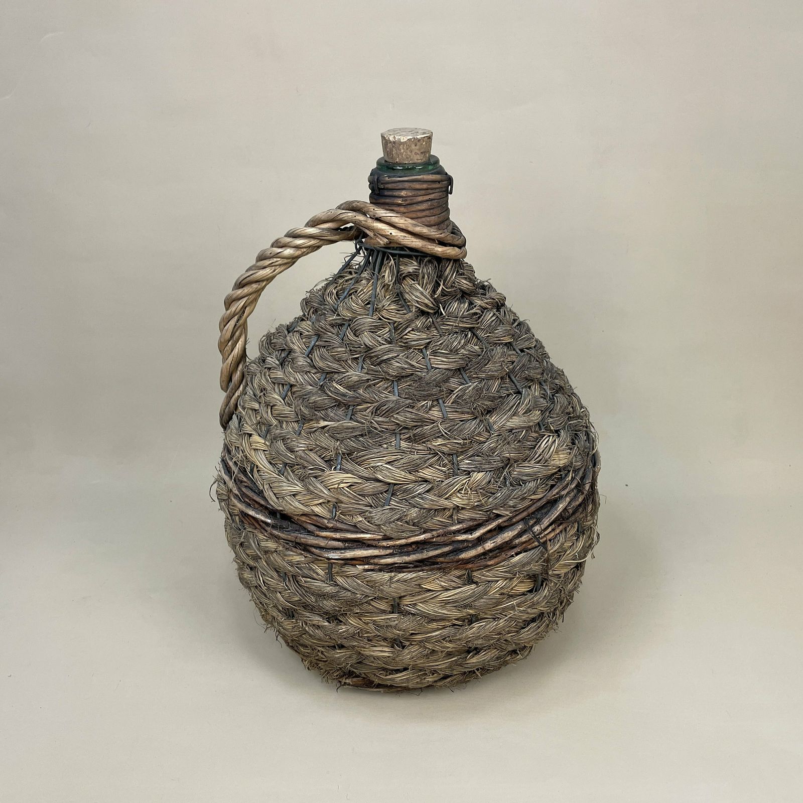 Antique Demijohn Carboy Wine Jug Wicker Cover Green Glass Bottle Handle Woven Metal Cage Vintage Decorative Ornament Seagrass Woven