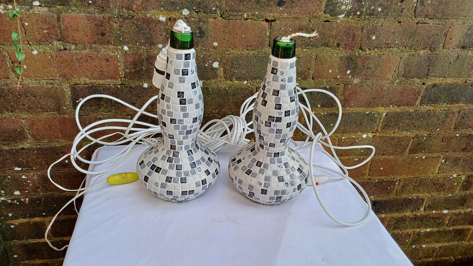 Superb Pair Of Mosaic On Glass Bottle Handmade Bedside Lamps. Great Condition. Lots Of Flex But Need Rewiring. Black White Grey.. photo furniture