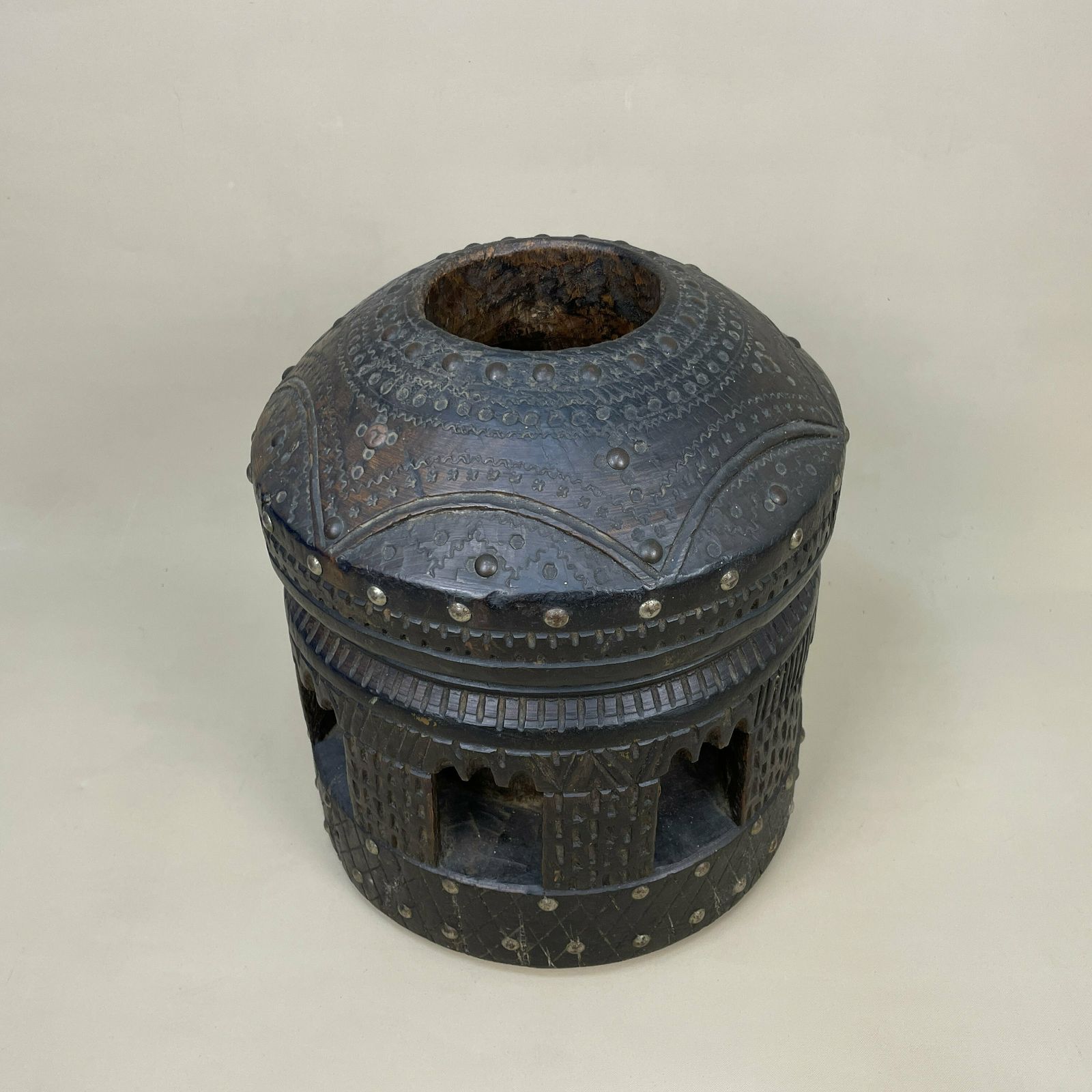 Antique Wooden Ethnic African Bedouin Coffee Grinder Pestle Mehbash Tribe Studded Decorative Ornament Rare Tribal Africa Wood Crusher photo for sale