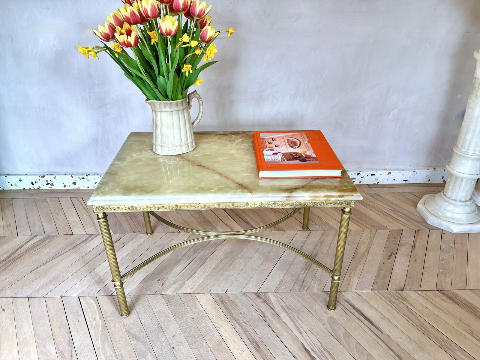 Hollywood Regency Style Italian 1960's Onyx And Brass Coffee Table