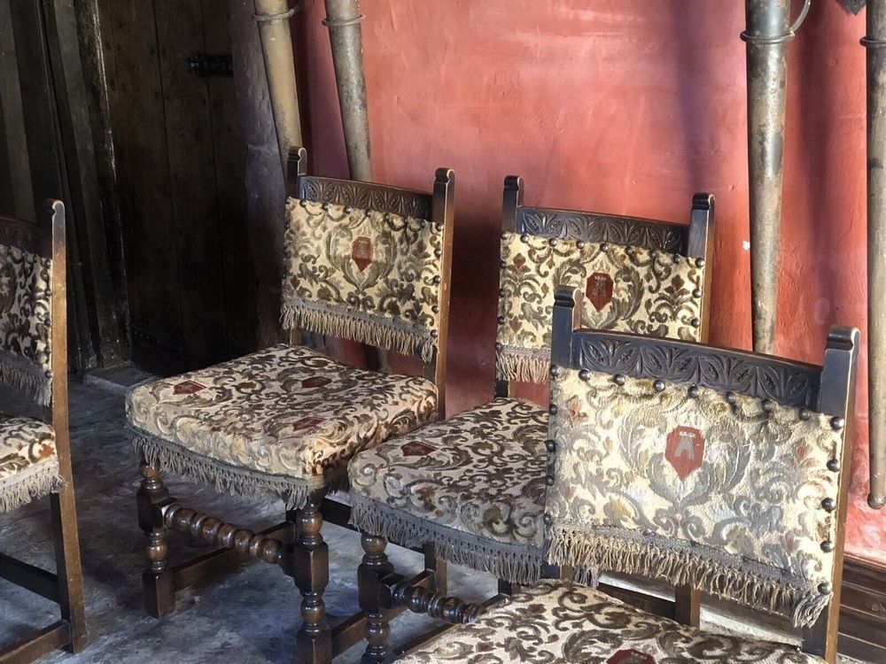 Beautiful Antique Victorian Style Oak Barley Twist Vintage Upholstered Velvet Cut Fleur De Lys Green Gold Stone Red Fringed Chairs X 4 photo vintage