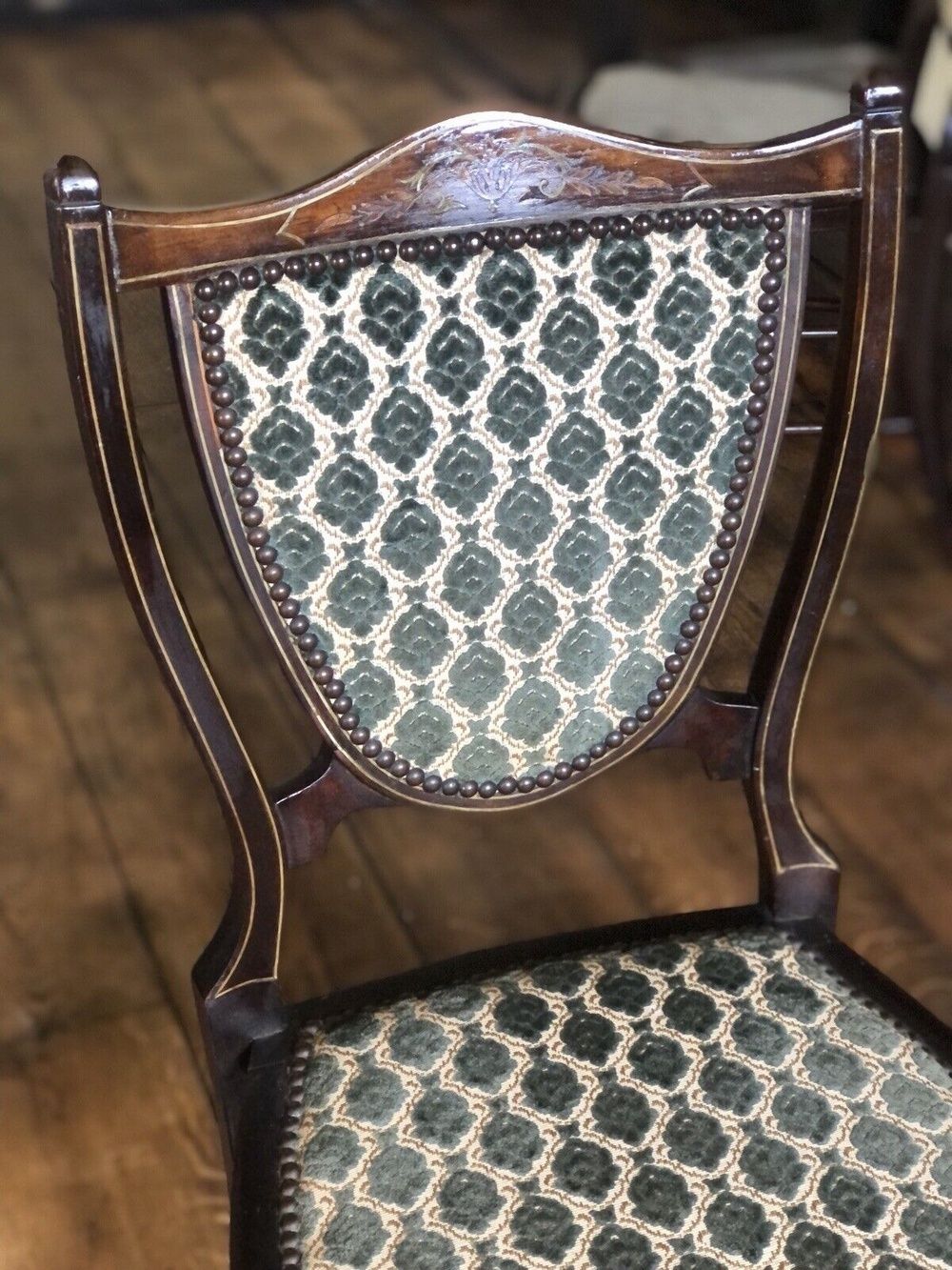 Pair Of Edwardian Mahogany & Boxwood Inlaid Period Vintage Green Teal Damask Shield Occasional Hall Bedroom Chairs X 2 photo for sale