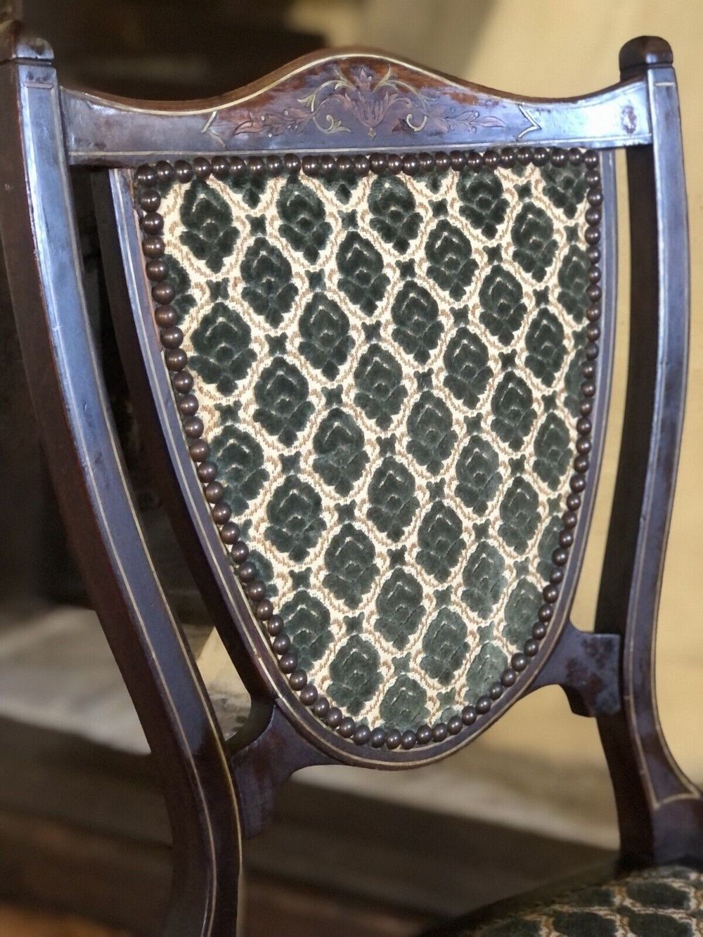 Pair Of Edwardian Mahogany & Boxwood Inlaid Period Vintage Green Teal Damask Shield Occasional Hall Bedroom Chairs X 2 photo vinterior