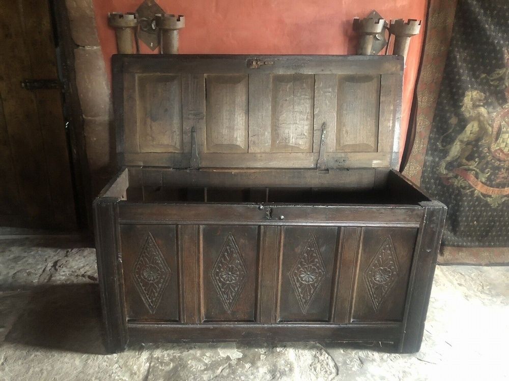 Very Heavy Rare Large Original Hand Carved English Oak Antique Trunk Chest Coffer 1600's photo Furniture