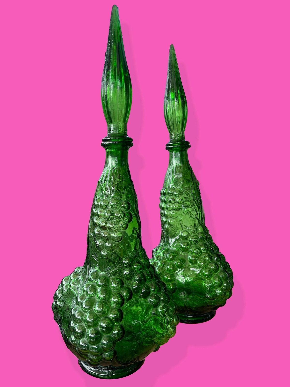Pair Of Italian Empoli Emerald Green Grape Design Glass Genie Decanter Bottles photo buy