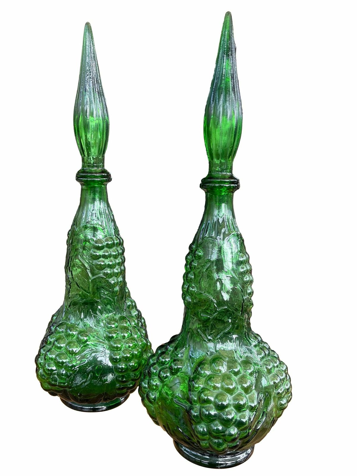 Pair Of Italian Empoli Emerald Green Grape Design Glass Genie Decanter Bottles photo vintage