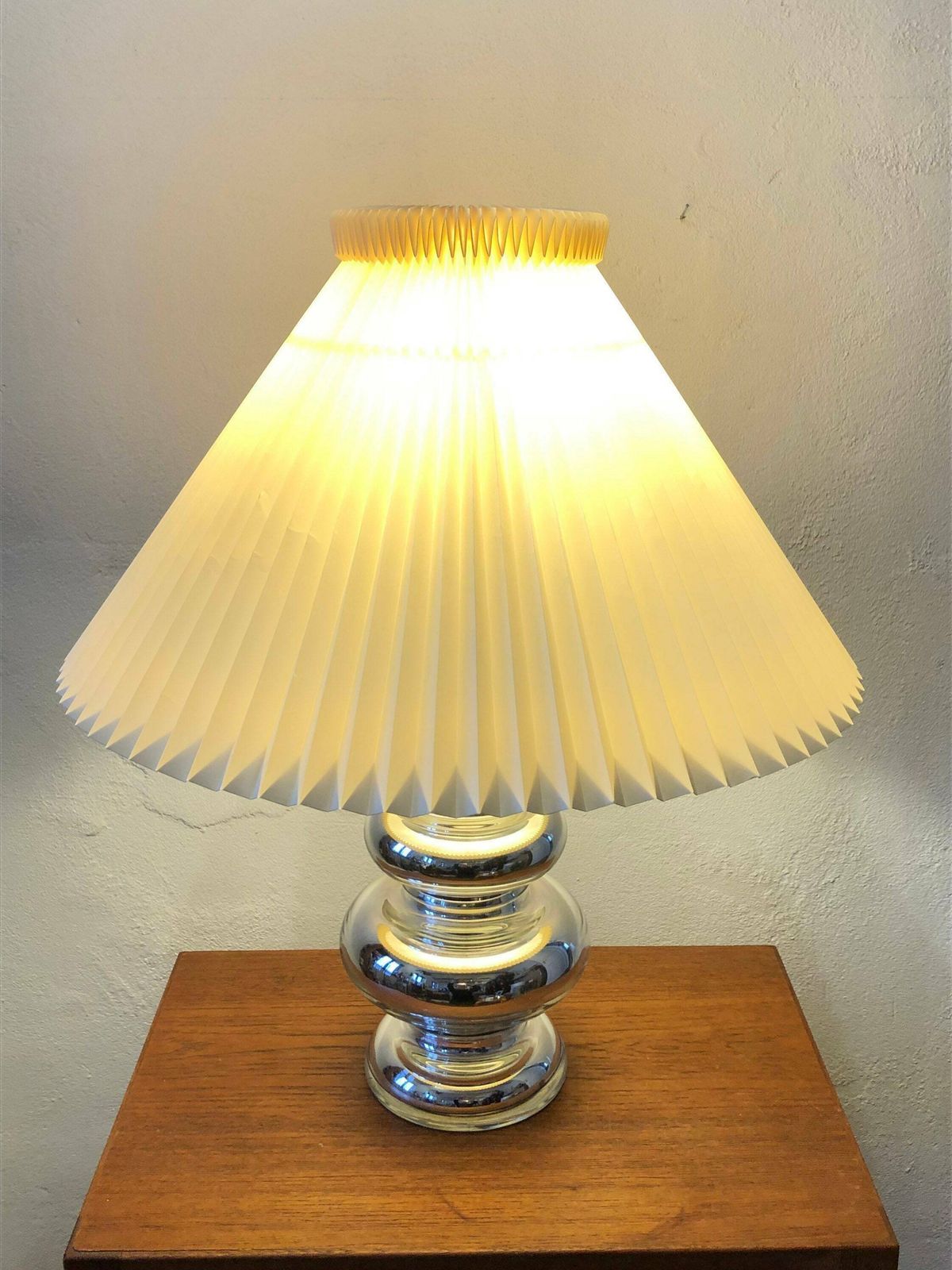 Exclusive Large Danish Mid Century Modern Table Lamp In Silver Glass With Large Vintage Original Le Klint Beige Pleated Shade photo Lighting