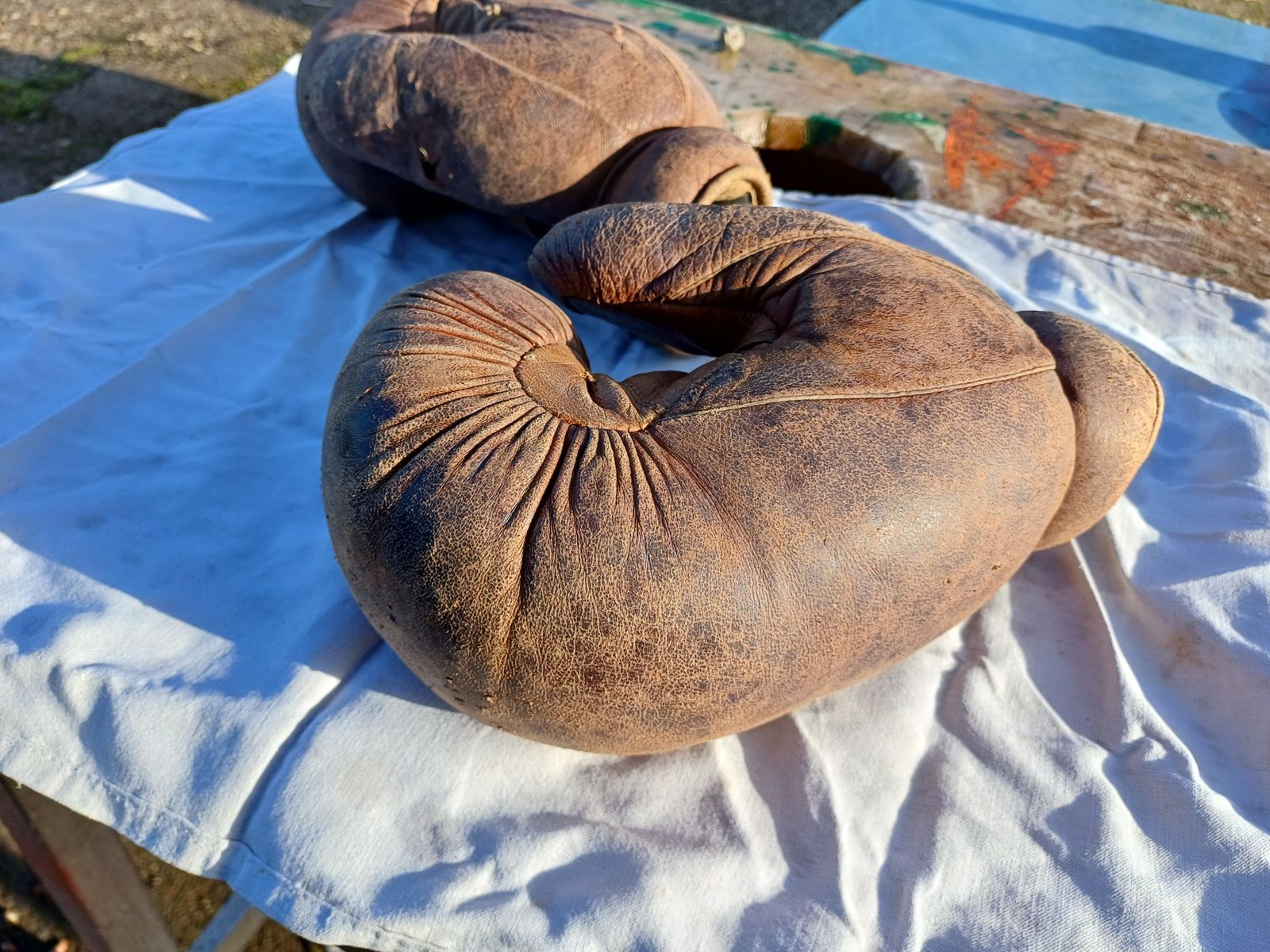 Pair Of Old Leather Boxing Gloves photo vinterior