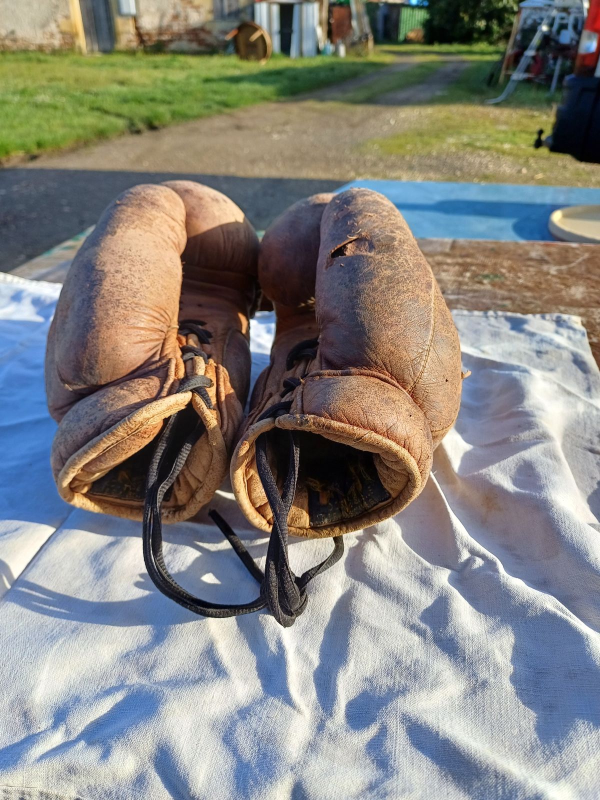 photo for sale Pair Of Old Leather Boxing Gloves
