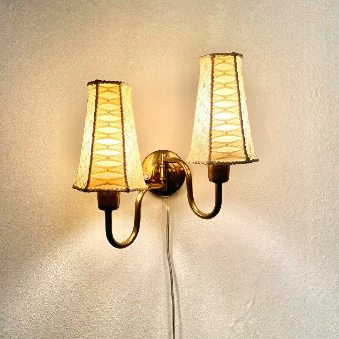 Danish Mid Century Design Brass Wall Lamp With Double Sockets And Organic Expression With Cute Vintage Fabric Shades photo vinterior
