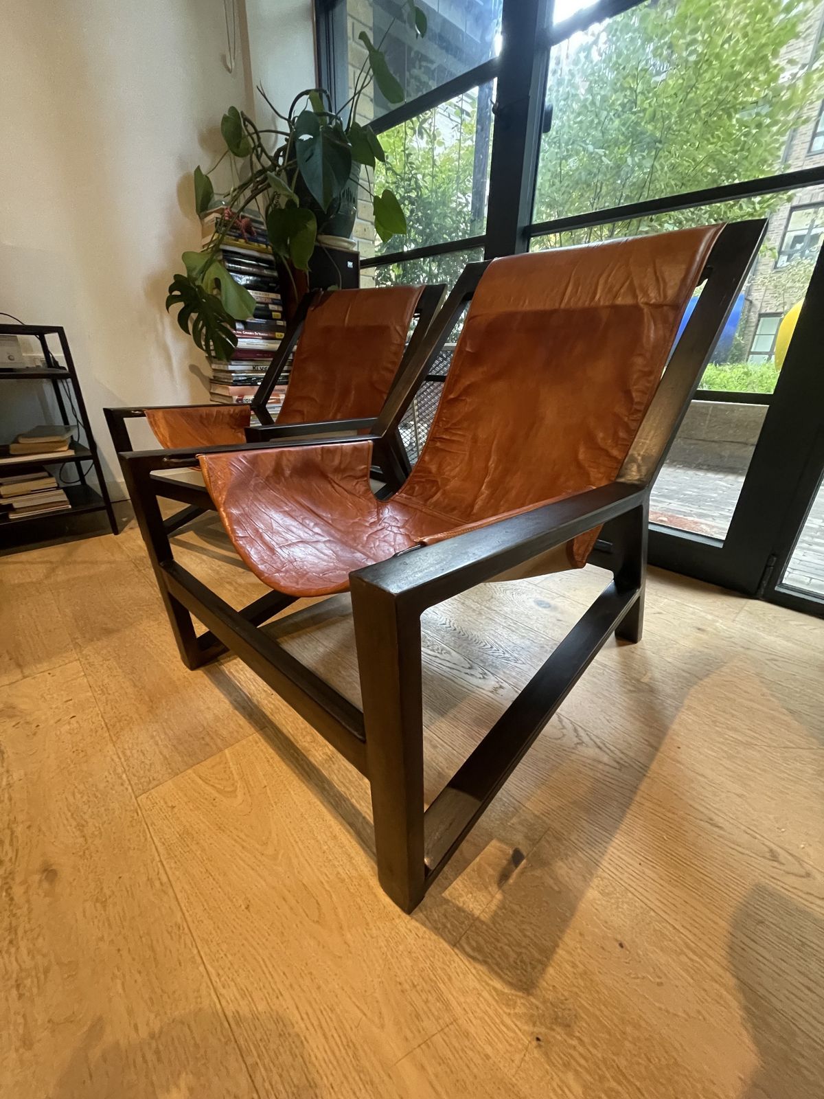 Mid Century Style Pair Of Iron & Leather Lounge Chairs photo furniture