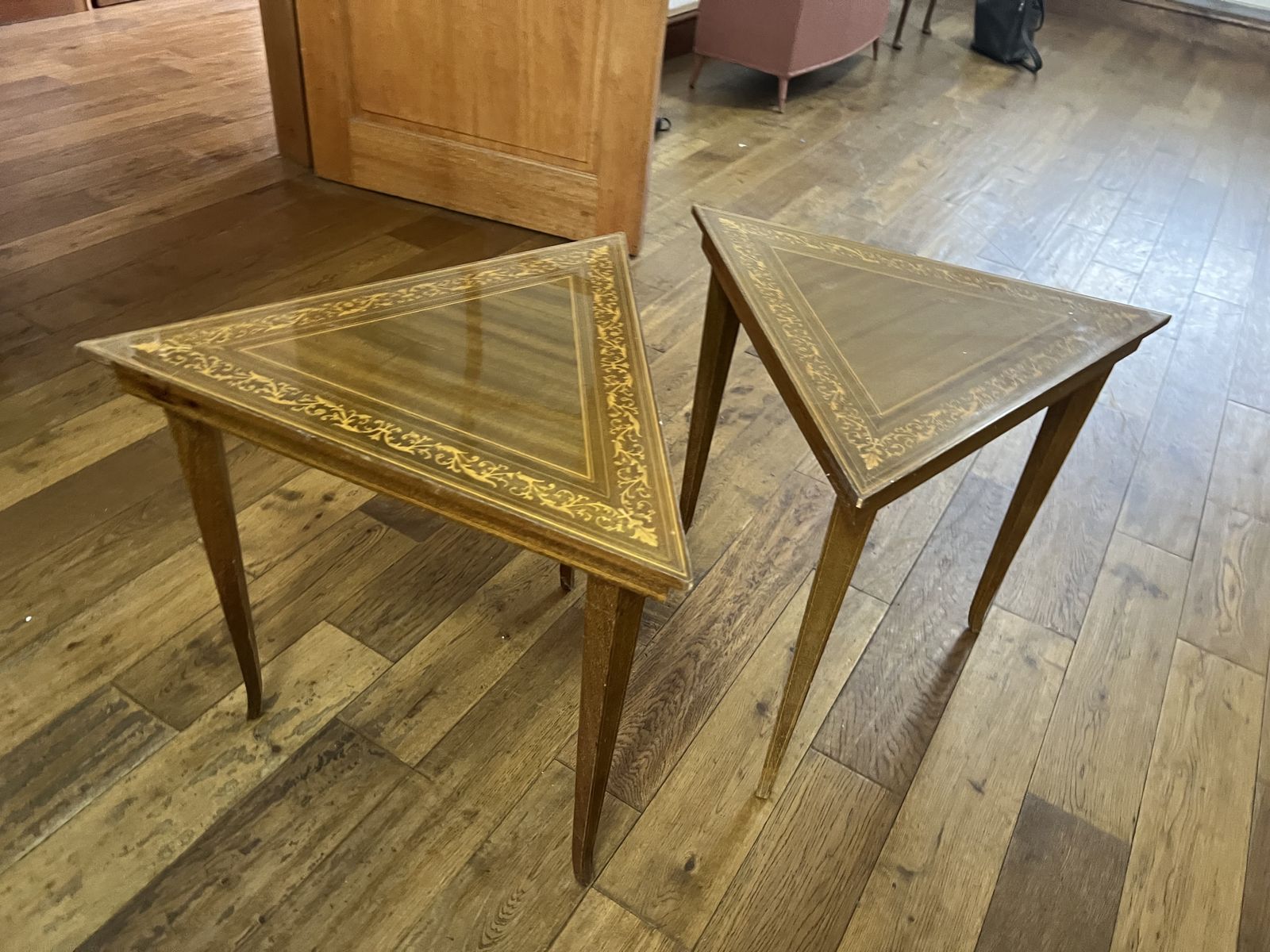 Set Italian Inlay Marquetry Pair Of 2 Side Tables Walnut photo furniture