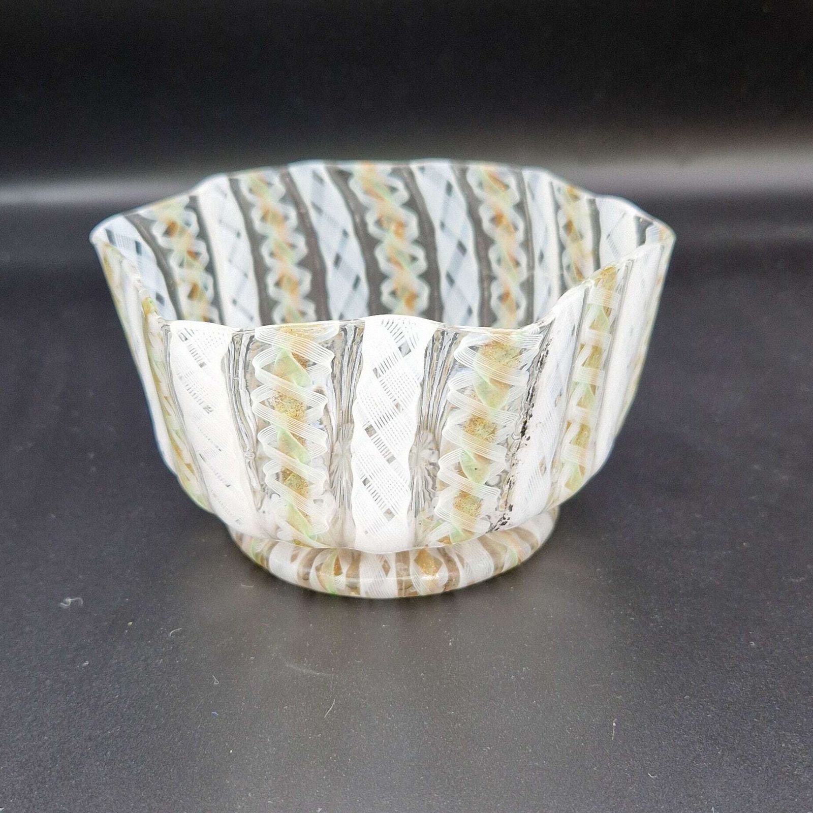 Salviati Murano Zanfirico Glass Bowl Green Gold photo for sale