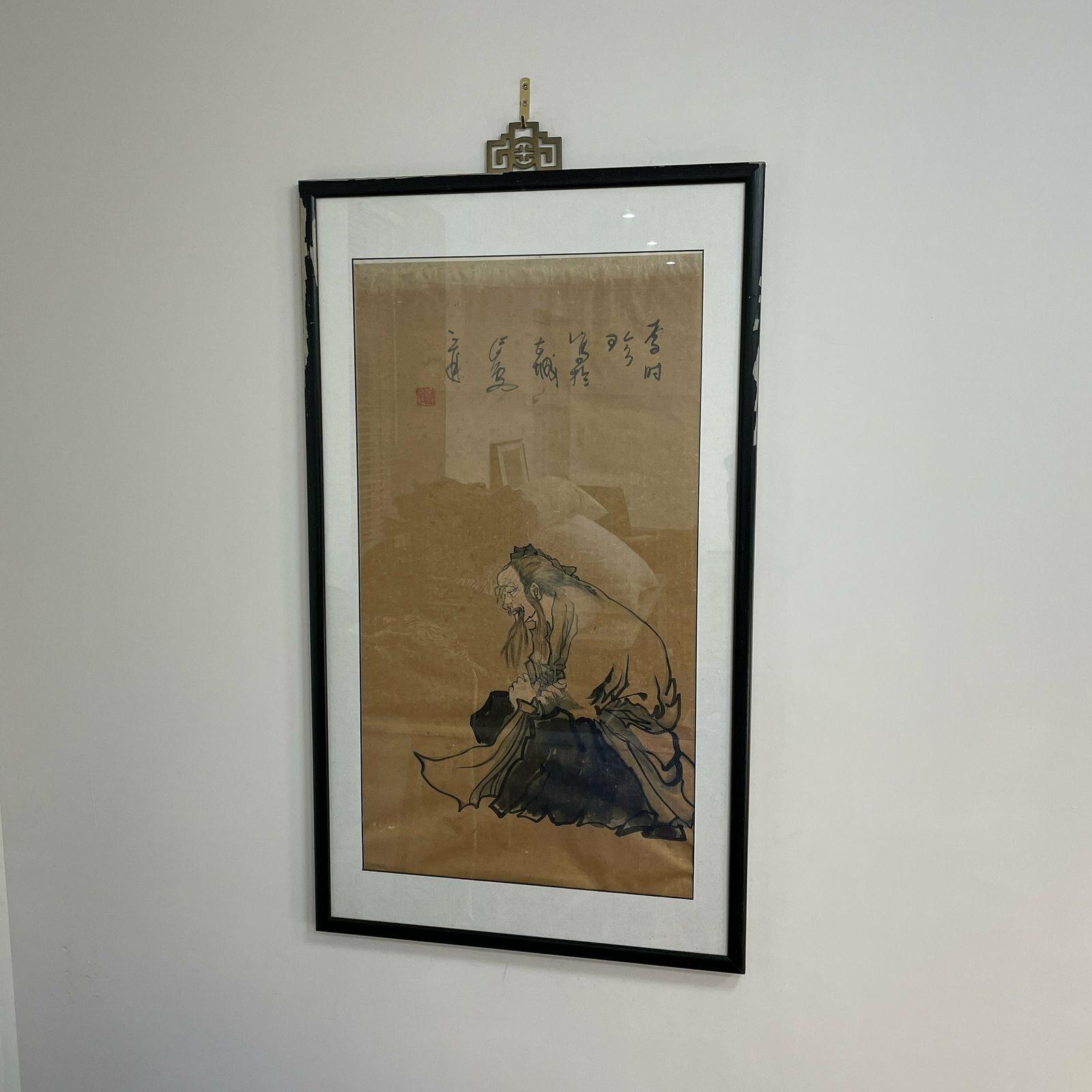 Antique Large Japanese Oriental Art Hand Painted Symbols 100x58.5cm Picture Wood Black Frame Framed Gold Original Art Work Rectangle