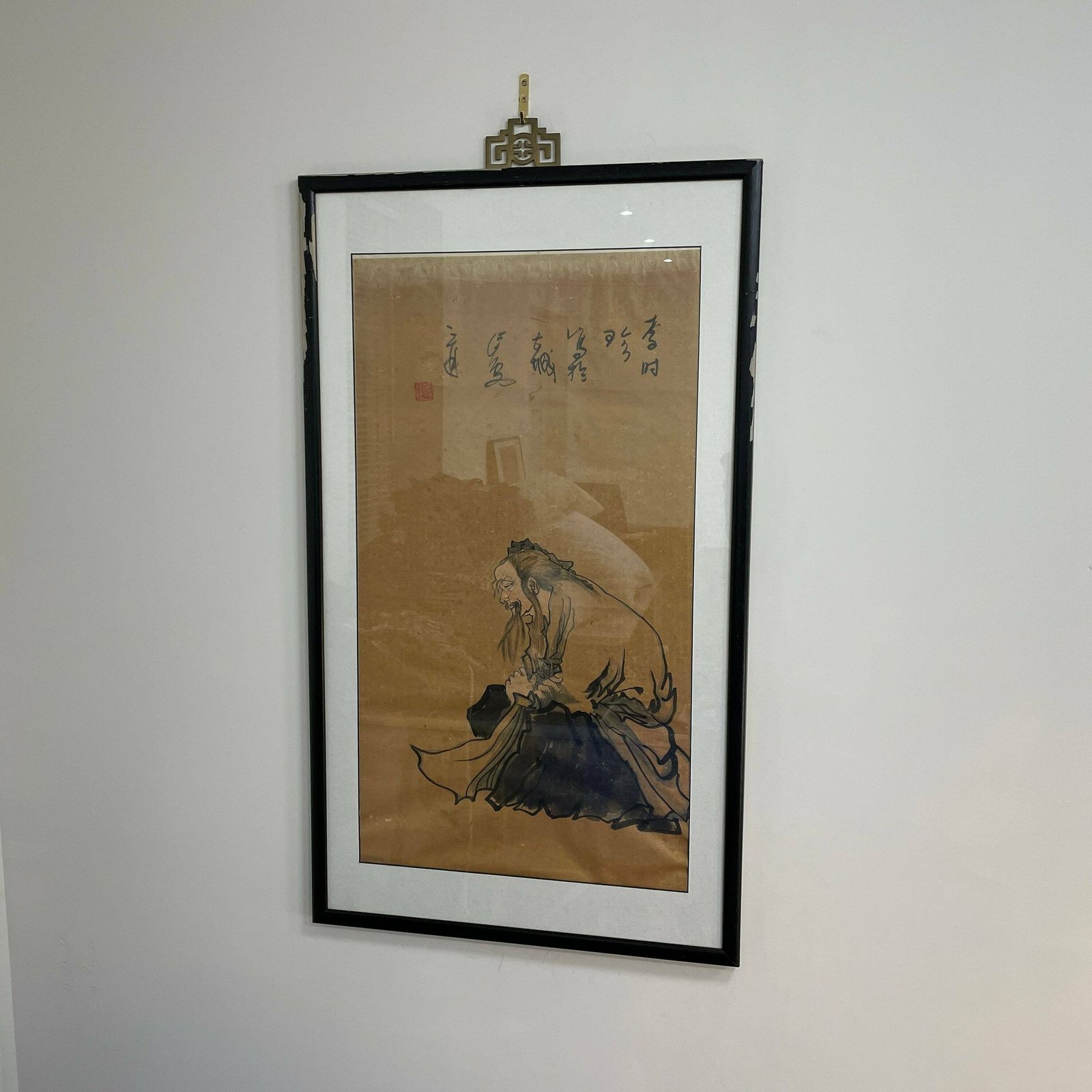 Antique Large Japanese Oriental Art Hand Painted Symbols 100x58.5cm Picture Wood Black Frame Framed Gold Original Art Work Rectangle photo for sale