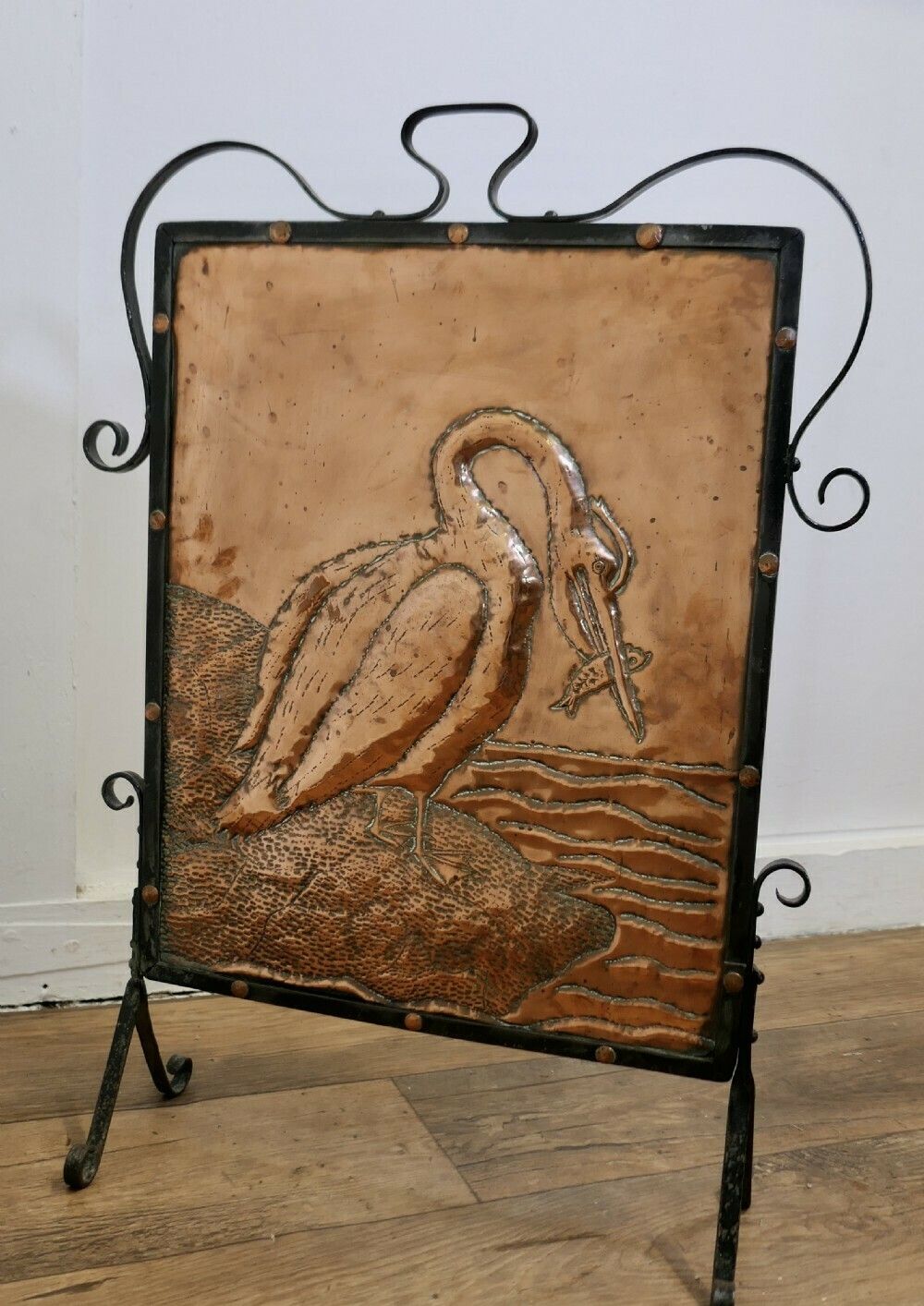 Arts And Crafts Stork And Fish Copper And Iron Fire Screen