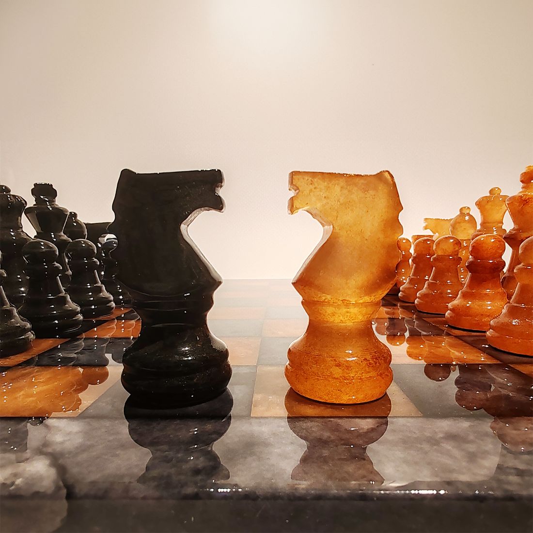Chess Set In Hand Carved Italian Alabaster Of Volterra   Black And Natural Agate 1970s photo buy