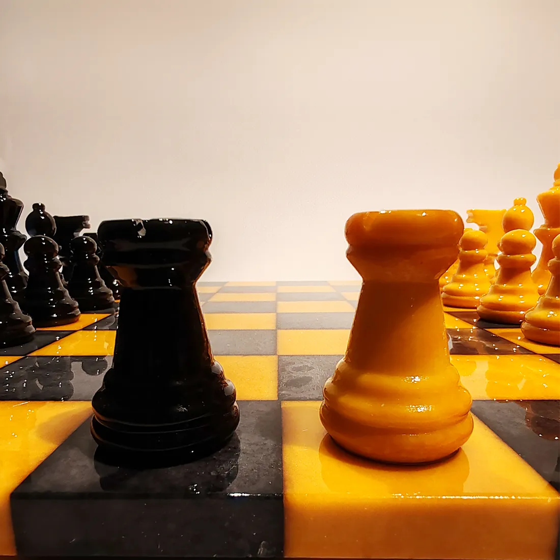 Chess Set In Hand Carved Italian Alabaster Of Volterra    Yellow And Black   1970s photo vintage