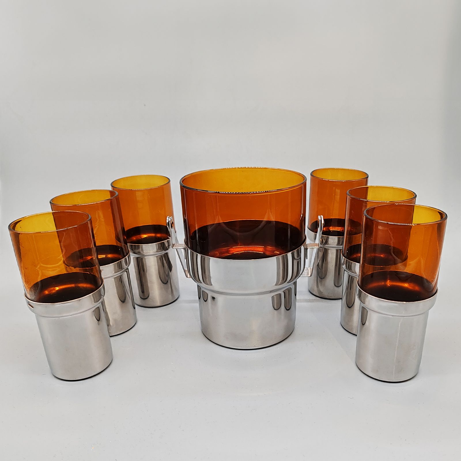 Glass And Metal Set With Ice Bucket And 6 Glasses By Pran   1970s photo 380.0
