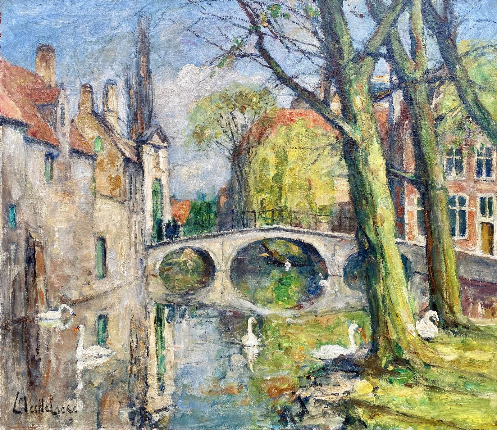 'Swans Of Bruges – Beguinage Bridge' Van Leo Mechelaere, Brugge 1880 – 1964 Erlangen, Belgisch Schilder