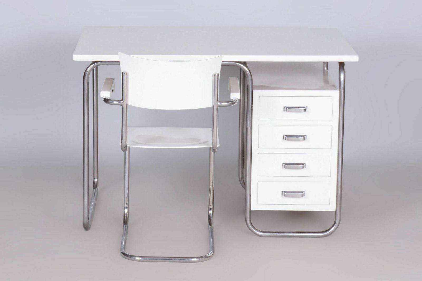 Restored Bauhaus Writing Desk With Chair, Chrome, Steel, Wood, Czech, 1930s photo for sale