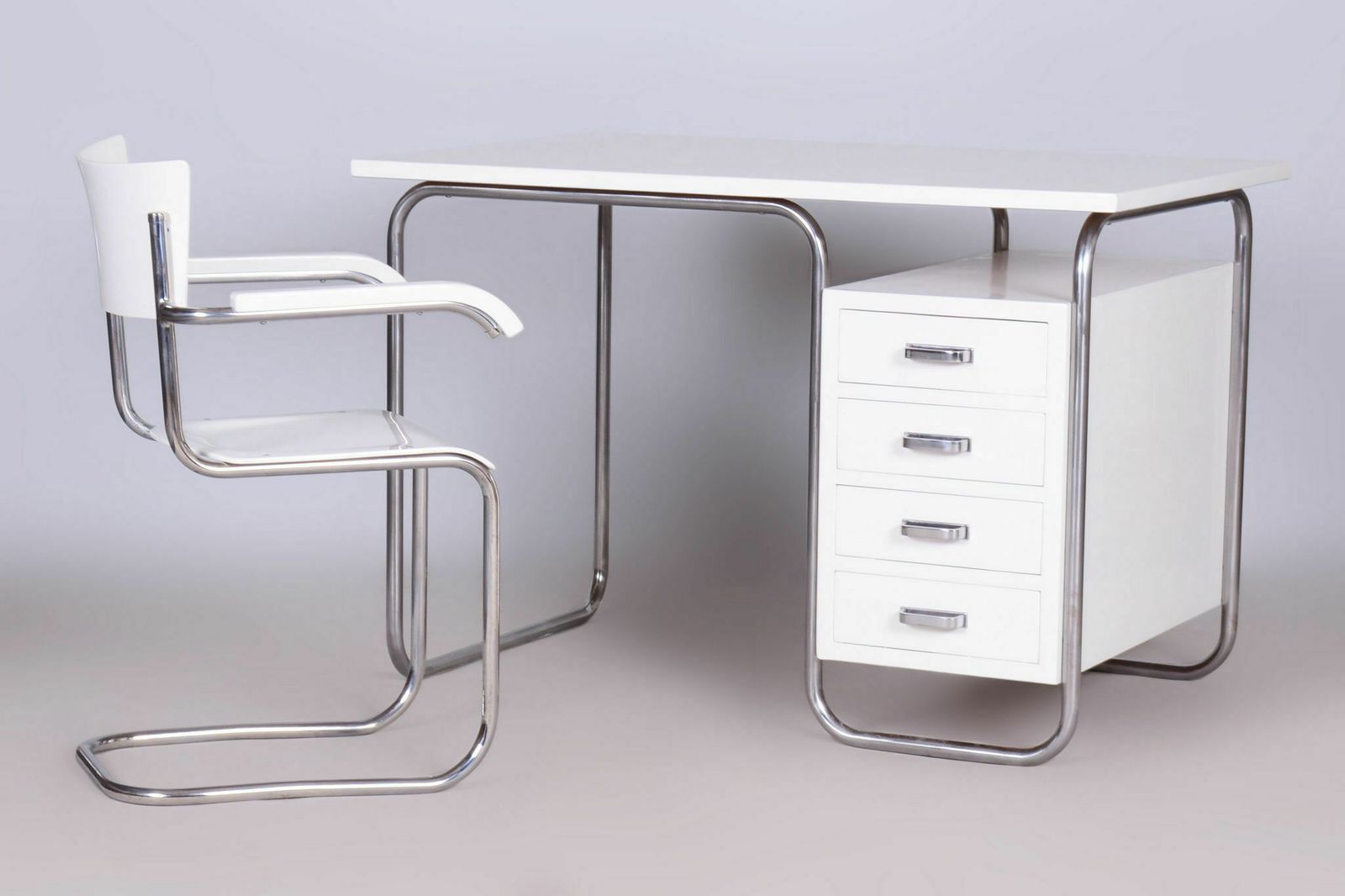 Restored Bauhaus Writing Desk With Chair, Chrome, Steel, Wood, Czech, 1930s photo Furniture