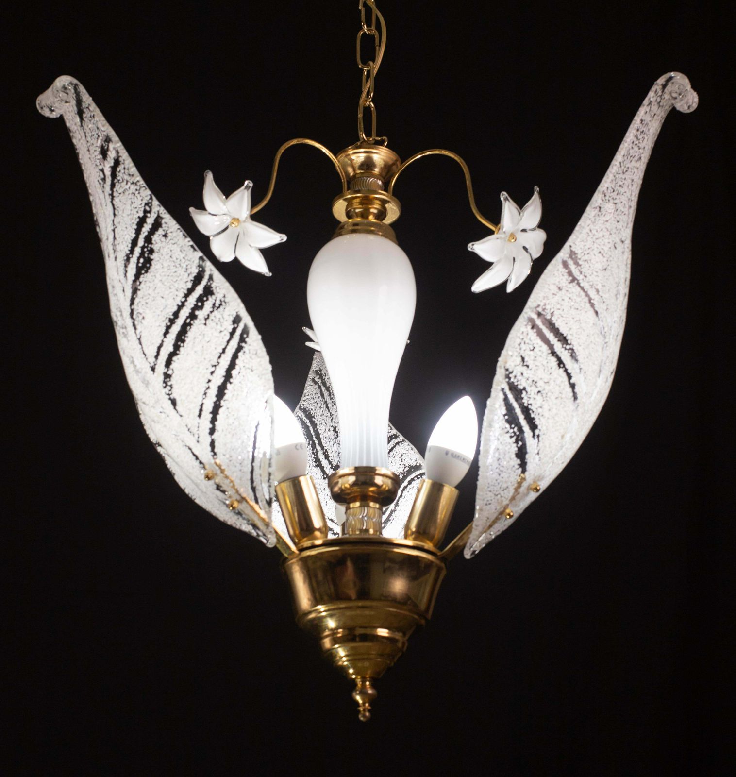 Elegant Murano Chandelier With White Flowers And Leaves, 1970 photo vintage