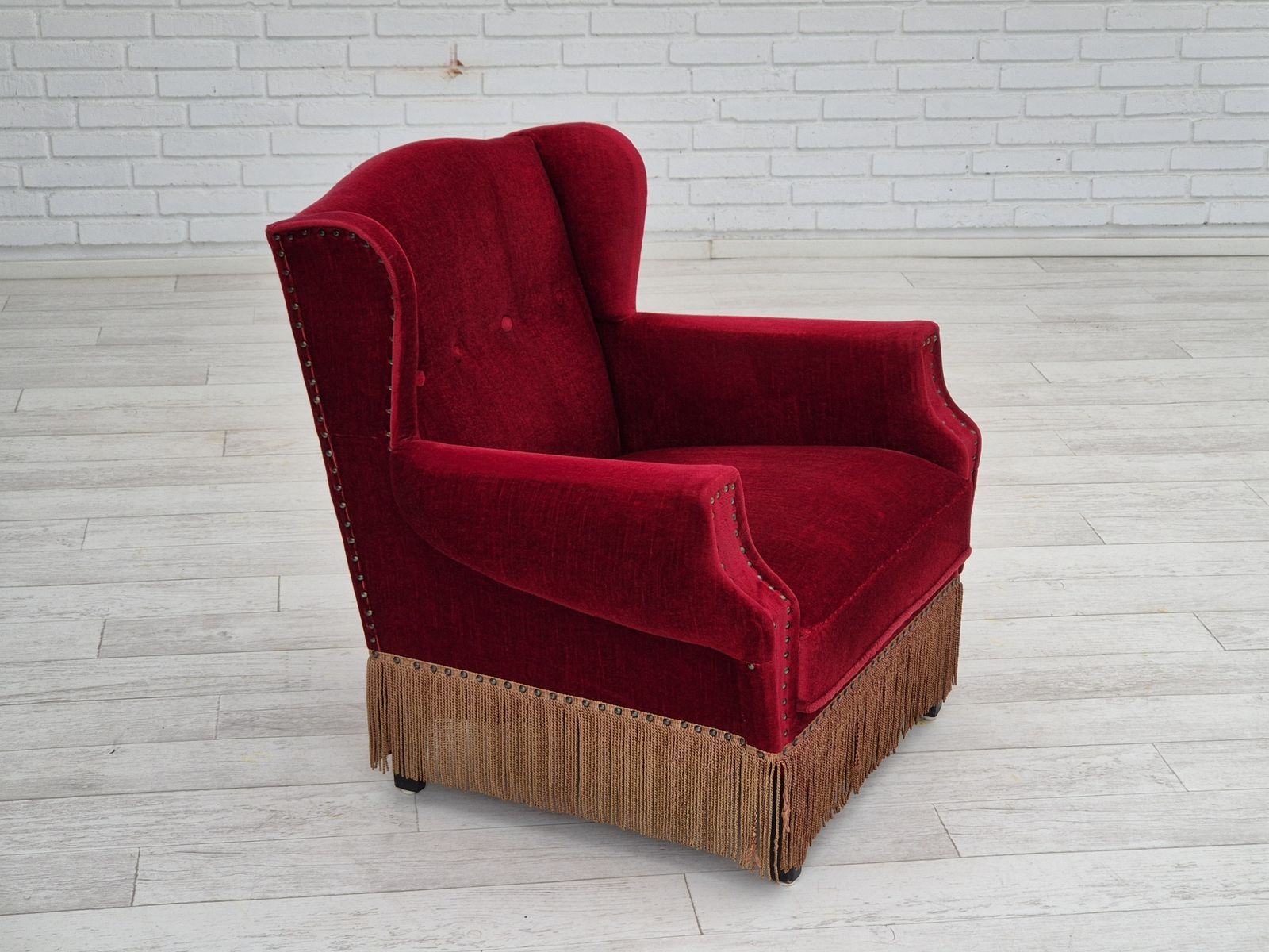 1960s, Danish Lounge Chair, Original, Furniture Velour, Oak Wood Legs. photo Furniture