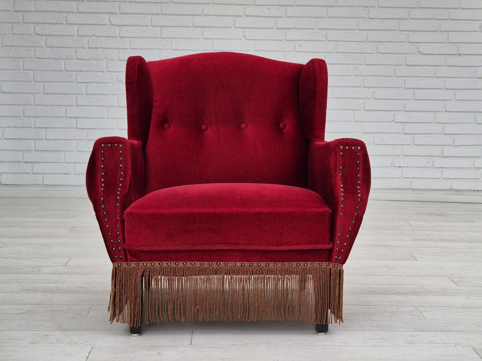 1960s, Danish Lounge Chair, Original, Furniture Velour, Oak Wood Legs. photo buy