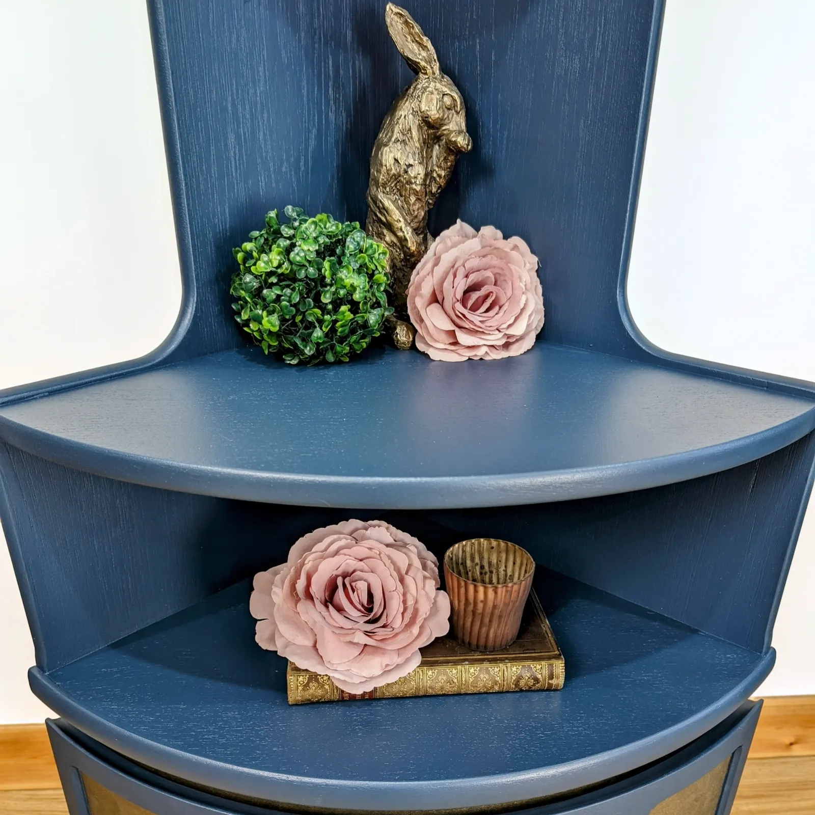 photo furniture Nathan Squares Corner Unit, Teak Mid Century Modern Display And Storage, Gin Or Cocktail Bar. Painted In Deep Navy With Bronze Metallic Details